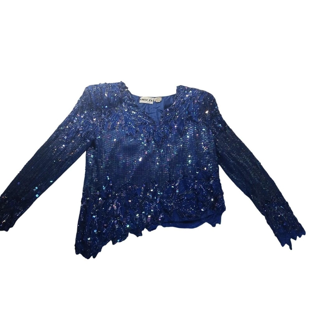 Swee Lo Vintage Womens Size S Royal Blue Silk Sequin‎ Beaded Asymmetrical Blouse